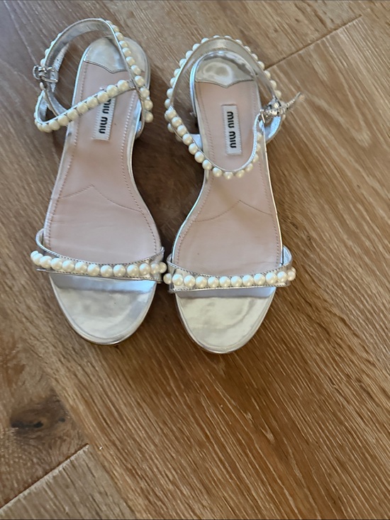 Miu Miu Shoes - Miu Miu Silver Pearl-Trim Ankle-Strap Sandals
